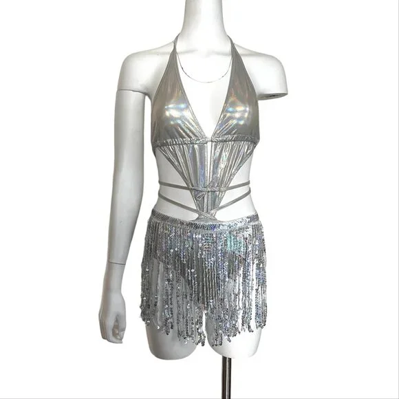 NWT Shein Hologram Tie Up swim bodysuit Rave Festival Burning Man - Picture 8 of 10